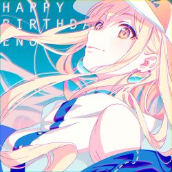 Rule 34 | 1girl, absurdres, akroglam, baseball cap, blonde hair, blue background, brown eyes, character name, closed mouth, commentary request, earrings, eno (akroglam), happy birthday, hat, highres, hoop earrings, jewelry, long hair, looking at viewer, natsuharu, smile, solo, sparkle, upper body, wind