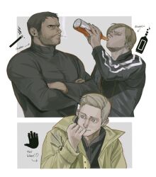 Rule 34 | 3boys, alcohol, black hair, black jacket, black shirt, blonde hair, bottle, brown hair, brown jacket, chris redfield, cigarette, coffeebrownn, crossed arms, drinking, english text, ethan winters, facial hair, holding, holding bottle, jacket, leon s. kennedy, male focus, multiple boys, muscular, muscular male, open clothes, resident evil, shirt, short hair, smoke, smoking