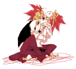 Rule 34 | 2boys, bare shoulders, barefoot, dual persona, dyed bangs, full body, hand on neck, kiss, male focus, multicolored hair, multiple boys, muto yugi, open clothes, open shirt, pants, shirt, spiked hair, string, string of fate, takinbo, undressing, white shirt, yami yugi, yaoi, yu-gi-oh!