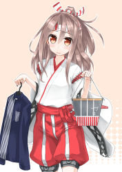 Rule 34 | 1girl, beige background, brown eyes, brown hair, clothes hanger, cowboy shot, flat chest, hachimaki, hair ribbon, headband, high ponytail, highres, holding, holding clothes, japanese clothes, kantai collection, koda (kodadada), light brown hair, long hair, looking at viewer, ponytail, ribbon, simple background, smile, solo, standing, wide sleeves, zuihou (kancolle)