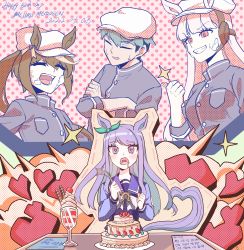 Rule 34 | 1boy, 3girls, absurdres, alternate costume, animal ears, bow, bowtie, brown hair, cake, commentary, cream, cream on face, dated, diffraction spikes, english commentary, closed eyes, food, food on face, gold ship (umamusume), green hair, happy birthday, hat, heart, heart in eye, heart in mouth, heart tail, high ponytail, highres, holding, holding spoon, horse ears, horse girl, horse tail, horseshoe ornament, korean commentary, korean text, light brown hair, long hair, long sleeves, mejiro mcqueen (umamusume), mixed-language commentary, multicolored hair, multiple girls, parfait, purple eyes, purple hair, purple sailor collar, purple shirt, red eyes, sailor collar, sailor shirt, saliva, school uniform, shirt, sparkle, spoon, sweat, symbol in eye, tail, tegami (kch7683), tokai teio (umamusume), tracen school uniform, trainer (umamusume), two-tone hair, umamusume, wafer stick, white bow, white bowtie, white hair, winter uniform