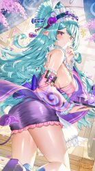 1girl animal_ears aqua_hair blue_eyes breasts closed_mouth detached_sleeves genshin_impact highres japanese_clothes kiramarukou large_breasts long_hair long_sleeves looking_at_viewer pointy_ears sandals sideboob smile solo tabi thighs yumemizuki_mizuki