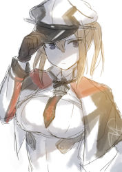 Rule 34 | anchor, black gloves, blonde hair, breasts, capelet, celtic knot, cross, gloves, graf zeppelin (kancolle), grey eyes, hair between eyes, hat, iron cross, kantai collection, medium breasts, mika (1020mk), military, military hat, military uniform, peaked cap, sidelocks, solo, tsurime, twintails, uniform, upper body, white hat