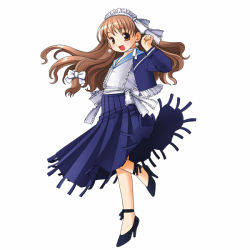 Rule 34 | 1girl, :d, blue skirt, blush, bow, brown eyes, brown hair, choker, dress, earrings, frills, full body, hair bow, high heels, jewelry, kusunoki masashige, long hair, long sleeves, looking at viewer, maid headdress, open mouth, ribbon, shoes, simple background, skirt, smile, solo, standing, white background, white bow
