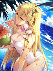 Rule 34 | 1girl, absurdres, bent over, blonde hair, blush, breasts, cleavage, closed eyes, cloud, coconut, day, drinking, drinking straw, elf, flower, fruit cup, gemini seed, hair flower, hair ornament, has bad revision, has downscaled revision, highres, large breasts, leaf, long hair, md5 mismatch, ocean, one-piece swimsuit, pointy ears, resolution mismatch, satsuki misuzu, sky, solo focus, source smaller, swimsuit, very long hair