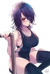 Rule 34 | 1girl, alternate costume, black one-piece swimsuit, black thighhighs, breasts, competition swimsuit, highres, kantai collection, large breasts, mizoredama1, one-piece swimsuit, purple hair, short hair, sitting, solo, swimsuit, tenryuu (kancolle), thighhighs, yellow eyes
