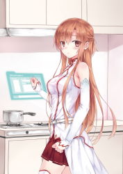 Rule 34 | 10s, 1girl, asuna (sao), bad id, bad pixiv id, bare shoulders, blush, breasts, brown eyes, brown hair, cowboy shot, detached sleeves, hiten (hitenkei), holographic interface, kitchen, long hair, looking at viewer, pot, skirt, solo, stove, sword art online, thighhighs, white thighhighs