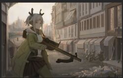 Rule 34 | 1girl, arknights, bow (weapon), building, crossbow, day, firewatch (arknights), holding, holding weapon, horns, jacket, motor vehicle, motorcycle, pytuq, red eyes, scenery, serious, weapon, white hair