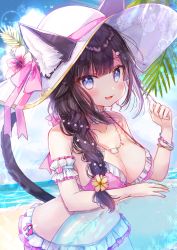 Rule 34 | 1girl, absurdres, animal ear fluff, animal ears, bad id, bad pixiv id, bare shoulders, beach, bikini, black hair, blue eyes, blush, braid, breasts, cat ears, cleavage, collarbone, commentary request, day, ears through headwear, fang, flower, frilled bikini, frills, hair flower, hair ornament, hair over shoulder, hairclip, hand up, hat, highres, horizon, innertube, jewelry, leaning forward, long hair, looking at viewer, medium breasts, necklace, ocean, open mouth, original, outdoors, pink bikini, rucaco, sand, shell, shell hair ornament, shell necklace, single braid, smile, solo, sun hat, swim ring, swimsuit, transparent, water, white hat, yellow flower