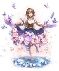 Rule 34 | 1girl, barefoot, brown hair, bug, butterfly, clothes lift, detached sleeves, final fantasy, final fantasy x, flower, hakama, hakama skirt, heterochromia, highres, insect, japanese clothes, jewelry, long skirt, looking at viewer, necklace, petals, puddle, ring, sasanomesi, short hair, simple background, skirt, skirt lift, smile, solo, water, wide sleeves, yuna