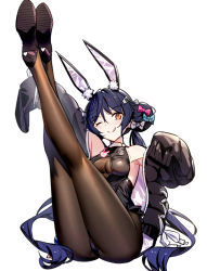 Rule 34 | 1girl, ;q, allen m. sumner (azur lane), allen m. sumner (charming rabbit) (azur lane), animal ear fluff, animal ears, arm up, azur lane, bare shoulders, black footwear, black hair, black jacket, black leotard, blue bow, blush, bow, breasts, brown pantyhose, closed mouth, commentary request, crossed legs, double bun, full body, hair bow, hair bun, heart, high heels, jacket, legs up, leotard, long sleeves, medium breasts, official alternate costume, one eye closed, open clothes, open jacket, pantyhose, pink bow, rabbit ears, ririko (zhuoyandesailaer), see-through, shoe soles, shoes, simple background, sleeves past fingers, sleeves past wrists, smile, solo, tongue, tongue out, twintails, white background, white bow