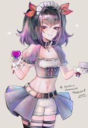 Rule 34 | 1girl, absurdres, box, candy, chocolate, chocolate heart, choker, commission, food, frilled skirt, frills, gift, gloves, hair ornament, heart, heart-shaped box, highres, holding, holding box, midriff, mole, mole under eye, navel, osiri siri siri, purple hair, shorts, skirt, smile, solo, symonne (tales), tales of (series), tales of zestiria, twintails, valentine, white gloves