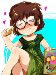 Rule 34 | 1girl, blush, brown hair, child, collarbone, crossed legs, dress, eyebrows, facing viewer, female focus, glasses, green dress, grin, half-closed eyes, hand up, heart, holding, jcm2, lisa loud, nickelodeon, nobel prize, painting (object), saliva, saliva trail, shiny skin, short hair, simple background, sitting, sleeveless, smile, solo, teeth, the loud house