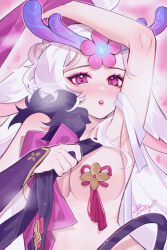 Rule 34 | 1girl, :o, absurdres, antlers, arm up, armpits, blush, breasts, flower, hair ornament, highres, holding, horns, league of legends, lillia (league of legends), long hair, medium breasts, pink eyes, pink flower, ribbon, solo, spirit blossom lillia, thedistantdawn, upper body, white hair
