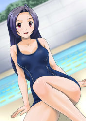 Rule 34 | 1girl, :d, absurdres, ahoge, arm support, blue hair, blush, breasts, censored, convenient censoring, convenient leg, dutch angle, highres, idolmaster, idolmaster (classic), lane line, long hair, medium breasts, miura azusa, muhi11234, one-piece swimsuit, open mouth, outdoors, pool, poolside, red eyes, shiny skin, sitting, smile, solo, swimsuit