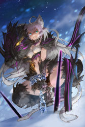 Rule 34 | 1girl, agrius metamorphosis, ahoge, angry, animal ears, atalanta (fate), atalanta alter (fate), belt collar, black thighhighs, blue eyes, breasts, cat ears, cat tail, chain, chained, clenched teeth, collar, dawito, fang, fate/grand order, fate (series), fur, grey hair, hair between eyes, highres, multiple tails, slit pupils, small breasts, snow, solo, squatting, tail, teeth, thighhighs, yellow eyes