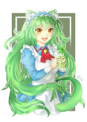 Rule 34 | 1girl, :d, animal ear fluff, animal ears, apron, bell, borrowed character, cat ears, cat girl, commentary, commission, cup, drink, drinking glass, drinking straw, english commentary, green hair, hairband, holding, holding cup, jingle bell, long hair, looking at viewer, maid, maid apron, maid headdress, minami farmuhan, mint, neck bell, ookamiura aoi, open mouth, original, red neckwear, round teeth, signature, slit pupils, smile, solo, tail, teeth, two-handed, very long hair, yellow eyes