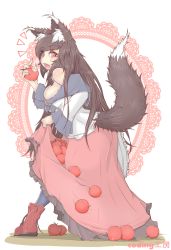 Rule 34 | 1girl, animal ears, apple, bare shoulders, breasts, brooch, brown hair, cube85, fang, female focus, food, fruit, highres, imaizumi kagerou, jewelry, large breasts, long hair, long sleeves, looking at viewer, off shoulder, open mouth, pantyhose, pink eyes, shirt, skirt, skirt basket, solo, spice and wolf, tail, touhou, very long hair, werewolf, wide sleeves, wolf ears, wolf tail