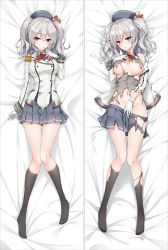 Rule 34 | 10s, 1girl, :o, bakugadou, bare shoulders, bed sheet, beret, black socks, blush, breasts, buttons, closed mouth, collared shirt, covering privates, covering crotch, dakimakura (medium), double-breasted, epaulettes, eyebrows, frilled sleeves, frills, full body, gloves, grey eyes, grey shirt, groin, hair between eyes, hand on own chest, hand to own mouth, hand up, hat, jacket, kantai collection, kashima (kancolle), kneehighs, large breasts, long sleeves, looking at viewer, lying, military, military uniform, miniskirt, multiple views, navel, neckerchief, no bra, no panties, no shoes, on back, pleated skirt, shirt, short hair, short twintails, sidelocks, silver hair, skirt, smile, socks, stomach, torn clothes, torn jacket, torn legwear, torn shirt, torn skirt, torn socks, twintails, uniform, wavy hair, white gloves
