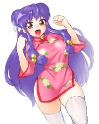 Rule 34 | 1girl, bell, breasts, china dress, chinese clothes, double bun, dress, hair bell, hair bun, hair ornament, jingle bell, large breasts, long hair, looking at viewer, onsoku inu, purple hair, ranma 1/2, red eyes, shampoo (ranma 1/2), simple background, smile, solo, thighhighs, white background, white thighhighs