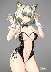 Rule 34 | 1girl, absurdres, animal ears, arknights, bow, bowtie, breasts, cat ears, cleavage, cleft of venus, closed eyes, detached collar, green eyes, green hair, grey background, highres, kal&#039;tsit (arknights), leotard, meme attire, navel, nipples, playboy bunny, pussy, short hair, simple background, snafu (snafy snu), solo, translucent bunnysuit, uncensored, wrist cuffs