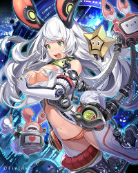 Rule 34 | 1girl, animal ears, bare shoulders, bodysuit, breast hold, breasts, covered erect nipples, green eyes, guardians violation, heart, large breasts, long hair, mecha musume, midriff, navel, official art, open mouth, original, panties, rabbit ears, robot, silver hair, star (symbol), striped clothes, striped panties, torn clothes, u369, underwear, very long hair