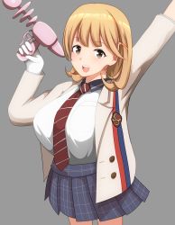Rule 34 | 10s, 1girl, alphe, arm up, arms up, bad id, bad pixiv id, breasts, brown eyes, brown hair, energy gun, gloves, grey background, hair ornament, highres, huge breasts, looking at viewer, narusawa ryouka, necktie, occultic;nine, open mouth, plaid, plaid skirt, ray gun, shirt tucked in, short hair, simple background, skirt, smile, solo, weapon, white gloves