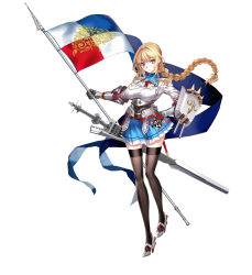 Rule 34 | 1girl, aiguillette, armor, banner, belt, blonde hair, blue eyes, blue skirt, blush, braid, breasts, brown thighhighs, cannon, closed mouth, epaulettes, flag, fleur-de-lis, full body, gauntlets, hair between eyes, hand on own hip, heterochromia, high heels, highres, holding, jeanne d&#039;arc (warship girls r), large breasts, long hair, long sleeves, looking at viewer, machinery, medal, military, military uniform, miyazakisoul, official art, pleated skirt, red eyes, red ribbon, ribbon, rigging, scabbard, sheath, shield, shirt, skirt, solo, standing, striped clothes, striped thighhighs, sword, thighhighs, thighs, turret, uniform, vertical-striped clothes, vertical-striped thighhighs, warship girls r, weapon, white background, white shirt, zettai ryouiki
