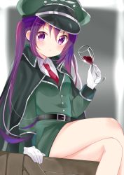 Rule 34 | 1girl, :c, blurry, blurry background, blush, cloak, closed mouth, collared shirt, crate, crossed legs, cup, drinking glass, frown, gloves, gochuumon wa usagi desu ka?, hair between eyes, hat, holding, holding cup, holding drinking glass, long hair, long sleeves, looking at viewer, military, military hat, military uniform, nagomi yayado, necktie, peaked cap, purple eyes, purple hair, red necktie, shirt, sitting, solo, tedeza rize, thighs, twintails, uniform, v-shaped eyebrows, white gloves, white shirt, wine glass, wing collar