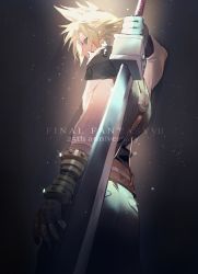 Rule 34 | 1boy, armor, belt, blonde hair, blue eyes, blue pants, buster sword, cloud strife, english text, final fantasy, final fantasy vii, final fantasy vii remake, gloves, hair between eyes, highres, male focus, mikuroron, muscular, muscular male, pants, profile, shirt, shoulder armor, sleeveless, sleeveless shirt, solo, spiked hair, square enix, suspenders, upper body, weapon, weapon on back