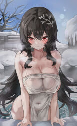 Rule 34 | 1girl, absurdres, black hair, blush, breasts, character request, cleavage, closed mouth, collarbone, commission, copyright request, covered navel, covering privates, eyelashes, hair between eyes, highres, large breasts, long hair, looking at viewer, naked towel, nude cover, onsen, original, outdoors, partially submerged, red eyes, rurufix, sideboob, sidelocks, solo, steam, sweat, towel, tree, wet towel, white towel