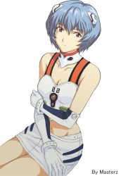 Rule 34 | 1girl, adapted costume, alternate costume, ayanami rei, bare shoulders, blue hair, breasts, choker, cleavage, colorfag, colorized, crop top, drawfag, elbow gloves, gloves, hair ornament, highres, masterz, midriff, miniskirt, navel, neon genesis evangelion, race queen, red eyes, short hair, sitting, skirt, small breasts, solo