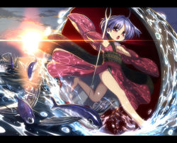 Rule 34 | 1girl, bare legs, barefoot, bowl, cloud, commentary request, fish, flying fish, in bowl, in container, japanese clothes, kimono, letterboxed, long sleeves, needle, obi, open mouth, purple hair, red eyes, running, sash, sky, solo, sukuna shinmyoumaru, sunset, syope, touhou, upskirt, water, wide sleeves