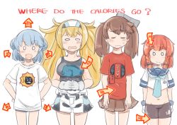 Rule 34 | 0 0, 4girls, arrow (symbol), bike shorts, blonde hair, blue hair, blue neckerchief, blue sailor collar, braid, brown hair, closed eyes, clothes writing, cowboy shot, crop top, english text, enjaku izuku, etorofu (kancolle), gambier bay (kancolle), gloves, groin, hairband, hands on own hips, highres, kantai collection, looking at viewer, midriff, multiple girls, neckerchief, partially translated, pleated skirt, print shirt, red hair, red shirt, ryuujou (kancolle), sailor collar, sailor shirt, samuel b. roberts (kancolle), serious sam, shirt, shorts, skirt, standing, t-shirt, tank top, tearing up, thick eyebrows, translation request, twin braids, twintails, white shirt, wide oval eyes