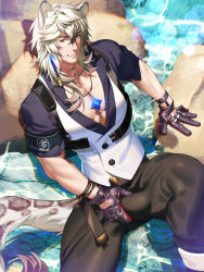 Rule 34 | 1boy, absurdres, animal ears, arknights, bara, bulge, chiizu namasu, crotch grab, feet out of frame, from above, gloves, hair between eyes, highres, jewelry, leather, leather gloves, leopard boy, leopard ears, leopard tail, long hair, looking at viewer, male focus, necklace, paid reward available, partially unbuttoned, pectoral cleavage, pectorals, paid reward available, silverash (arknights), solo, spread legs, tail, thick thighs, thighs, toned, toned male