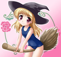 Rule 34 | 00s, :3, blonde hair, blush, broom, broom riding, hat, lapis mercurius freya, neopure, one-piece swimsuit, princess holiday, red eyes, school swimsuit, solo, straddling, swimsuit, witch hat