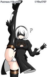 Rule 34 | 1girl, boots, breasts, flexible, highres, knee boots, large breasts, leg up, nier:automata, nier (series), panties, simple background, solo, split, standing, standing on one leg, standing split, thighhighs, thighhighs under boots, thighs, underwear, white background, yiku1707, 2b (nier:automata)