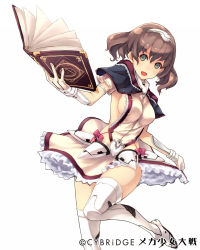 Rule 34 | 1girl, book, boots, breasts, brown hair, clothes lift, copyright name, frilled skirt, frills, gloves, green eyes, hairband, highres, keypot, leg lift, mecha shoujo taisen z, medium breasts, official art, open mouth, short hair, sideboob, skirt, skirt lift, solo, thigh boots, thighhighs, white background, white gloves, white thighhighs
