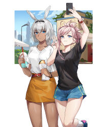 Rule 34 | 2girls, absurdres, alternate costume, animal ears, arm up, belt, blue eyes, blue nails, blue shirt, blue shorts, breasts, caenis (fate), cellphone, closed mouth, collarbone, commentary, dark-skinned female, dark skin, drink, english commentary, fate/grand order, fate (series), feet out of frame, food, hairband, hand up, highres, holding, holding drink, holding food, holding phone, kuza brs, long hair, looking at viewer, medium breasts, miyamoto musashi (fate), multiple girls, orange skirt, phone, pink hair, ponytail, red belt, selfie, shirt, shirt tucked in, shoes, short sleeves, shorts, skirt, smartphone, smile, socks, standing, standing on one leg, v, watch, white hair, white shirt, white socks, wristwatch