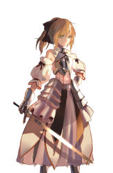Rule 34 | 1girl, absurdres, armor, armored boots, armored dress, artoria pendragon (fate), black bow, blonde hair, boots, bow, caliburn (fate), detached sleeves, dress, excalibur (fate/stay night), fate/unlimited codes, fate (series), gauntlets, green eyes, hair between eyes, hair bow, hand on own hip, highres, holding, holding sword, holding weapon, long hair, ponytail, saber lily, simple background, sleeveless, sleeveless dress, solo, standing, sword, weapon, white background, white dress