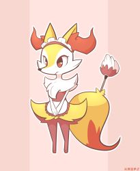 Rule 34 | animal ear fluff, animal nose, apron, braixen, commentary, creatures (company), duster, feather duster, furry, game freak, gen 6 pokemon, heart, heart in eye, highres, kaiponi, maid, maid apron, maid headdress, nintendo, outline, pink background, pokemon, pokemon (creature), red eyes, simple background, snout, solo, symbol in eye, white outline