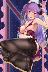 Rule 34 | 1girl, absurdres, ajax (azur lane), azur lane, black gloves, black pantyhose, bow, breasts, cleavage, clothes pull, covered erect nipples, feet, gloves, half gloves, hand up, hat, high-waist skirt, highres, kakumayu, long hair, looking at viewer, medium breasts, nipple slip, nipples, no shoes, pantyhose, pantyhose pull, purple hair, red eyes, sitting, skirt, soles, solo, toes, two side up, underbust, v-shaped eyebrows