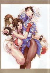 Rule 34 | 2girls, bracelet, grabbing another&#039;s breast, breasts, brown eyes, brown hair, bun cover, capcom, china dress, chinese clothes, chun-li, crossover, double bun, dress, earrings, fatal fury, fingerless gloves, gloves, grabbing, homare (fool&#039;s art), japanese clothes, jewelry, large breasts, long hair, multiple girls, nail polish, non-web source, open mouth, pantyhose, pelvic curtain, pink nails, ponytail, shiranui mai, snk, spiked bracelet, spikes, street fighter, the king of fighters, thighs, yuri