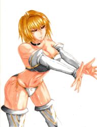 Rule 34 | 00s, 1girl, absurdres, alternate costume, arcueid brunestud, bare shoulders, blonde hair, boots, bra, breasts, bridal gauntlets, cleavage, collar, colored sclera, detached sleeves, highres, jam (ggsol), large breasts, marker (medium), melty blood, panties, red sclera, scan, short hair, side-tie panties, slit pupils, solo, strapless, strapless bra, thigh boots, thighhighs, thighs, traditional media, tsukihime, underwear, red arcueid, white background, yellow eyes