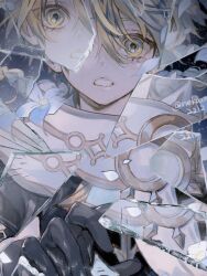 Rule 34 | 1boy, aether (genshin impact), app filter, black gloves, black shirt, blonde hair, broken glass, crop top, earrings, flower, genshin impact, glass, glass shards, gloves, gold trim, hair between eyes, highres, jewelry, lily (flower), long hair, male focus, reflection, scarf, shards, shattered, shirt, short sleeves, single earring, tanjou, upper body, white scarf, yellow eyes