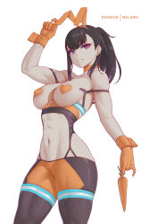 Rule 34 | 1girl, abs, absurdres, animal ears, black hair, breasts, carrot, closed eyes, covered erect nipples, en&#039;en no shouboutai, fake animal ears, gloves, heart pasties, highres, holding, holding carrot, large breasts, long hair, looking at viewer, maki oze, melowh, multicolored pantyhose, navel, orange gloves, pasties, ponytail, purple eyes, rabbit ears, solo, toned, white background, wrist cuffs