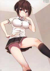 Rule 34 | absurdres, black thighhighs, collared shirt, finger to own chin, from below, hand on own hip, highres, indoors, miniskirt, panties, ray-akila, school uniform, shirt, skirt, thighhighs, underwear