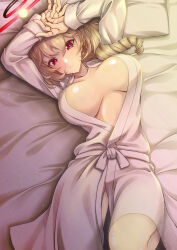 Rule 34 | 1girl, arms up, azur lane, bathrobe, bed, bed sheet, blonde hair, breasts, commission, drill hair, duca degli abruzzi (azur lane), gekato, halo, highres, large breasts, looking at viewer, lying, on back, on bed, open clothes, raised eyebrows, red eyes, red halo, short hair, side drill, sideboob, skeb commission, solo