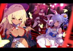 Rule 34 | 3girls, alternate costume, animal ears, black nails, blonde hair, blurry, blurry background, blurry foreground, breasts, bug, butterfly, carrot hair ornament, cleavage, commentary request, crossed legs, dark-skinned female, dark skin, don-chan (usada pekora), eyepatch, food-themed hair ornament, fujishima-sei ichi-gou, glowing butterfly, hair ornament, hand fan, highres, holding, holding mask, hololive, houshou marine, insect, kiseru, large breasts, looking at viewer, mask, unworn mask, medium breasts, multicolored hair, multiple girls, nail polish, oiran, orange eyes, paper fan, pointy ears, rabbit ears, rabbit girl, rabbit mask, red eyes, red hair, shiranui flare, single thighhigh, sitting, smile, smoking pipe, streaked hair, thighhighs, usada pekora, virtual youtuber, white thighhighs, wide sleeves, zettai ryouiki