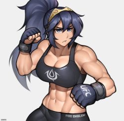 Rule 34 | 1girl, abs, absurdres, alternate breast size, alternate costume, alternate hairstyle, blue eyes, blue hair, breasts, clenched hands, commission, copyright name, fighting stance, fingerless gloves, fire emblem, fire emblem awakening, gloves, grey background, hair between eyes, highres, large breasts, long hair, lucina (fire emblem), muscular, muscular female, navel, nintendo, padded gloves, ponytail, roadi3, simple background, solo, twitter username, ultimate fighting championship, watermark
